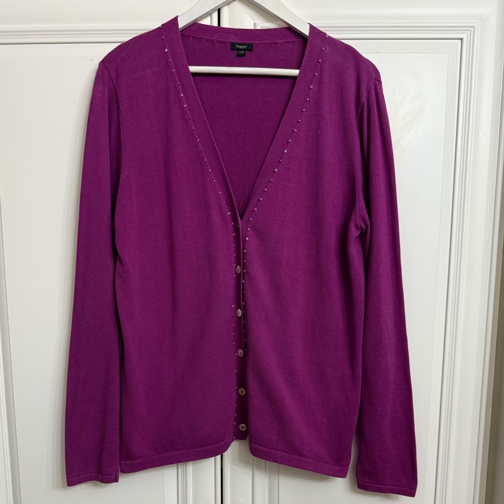 Haggar Sz Large Purple Button Front V-Neck Cardigan Beaded Along Collar Front